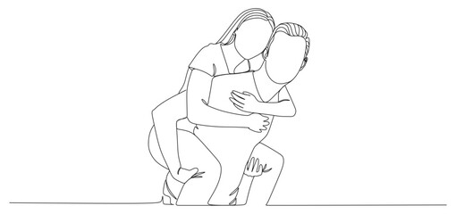 Minimalist line art illustration of a couple in a playful pose, where the woman is on the man’s back giving a piggyback hug
