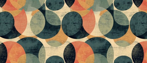 Abstract mid century modern geometric pattern with textured circles and earthy tones
