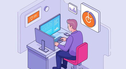 Fototapeta premium An isometric illustration of a male office worker analyzing data on dual computer monitors in a modern cubicle.