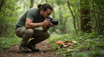 Nature photographer crouching to shoot mushrooms on forest path, clean documentary lifestyle style, concepts curiosity, education, eco tourism promo