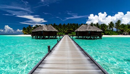 Tropical Paradise Overwater Bungalows on a Wooden Pier in Turquoise Water.