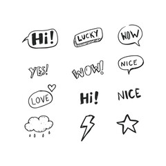Hand drawn speech bubbles and icons expressing positive emotions and concepts vector