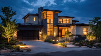 A house with a lot of windows and lights