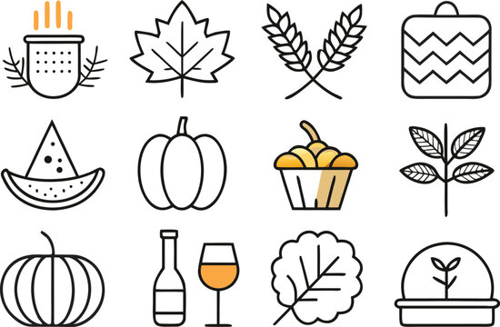 Harvest bounty icons featuring pumpkins, grapes, leaves, and fresh produce for seasonal celebrations
