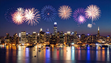 Obraz premium fireworks night sky with a city in the background