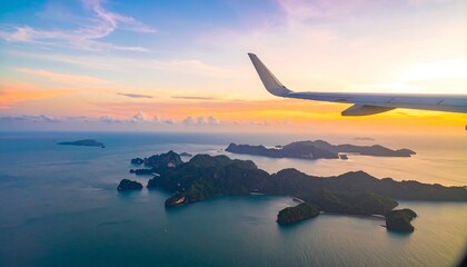 Aerial view of islands at sunset from airplane window