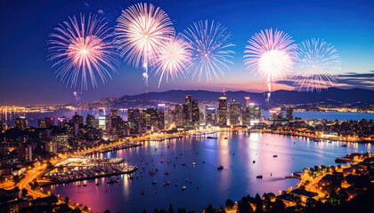 fireworks night sky with a city in the background