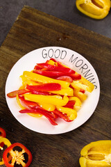 Fresh Colorful Red Yellow Bell Pepper Slices Good Morning Plate Healthy Breakfast Cooking Ingredients