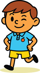Cartoon illustration of happy boy winking, wearing blue shirt and yellow shorts, playful character design, isolated vector for children education.