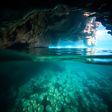 Close focus on a halocline in an underwater cave, the surreal visual effect where fresh and saltwater meet.