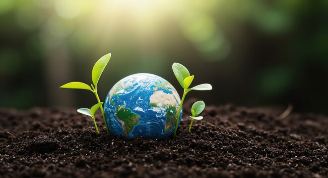 Small globe in soil with young seedlings sun flare eco concept sustainability nature growth green future environment conservation earth day banner designers horizontal - Powered by Adobe