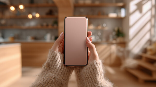 Woman holding smartphone with blank screen in cozy kitchen setting  