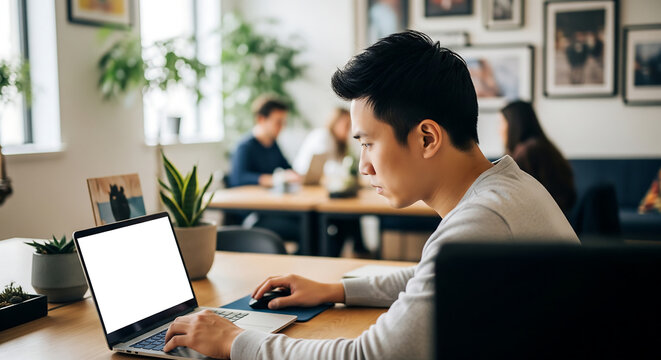 Focused Asian Man Working on Laptop in Modern Office with Blank Screen