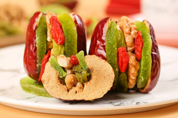 Red Xinjiang Date Fruit Sandwiches Stuffed with Walnuts and Dried Fruits on White Plate