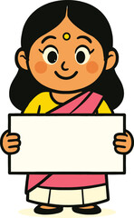 Cartoon illustration of Indian girl wearing traditional dress holding blank sign, smiling female character, cultural outfit, presentation design, vector art.