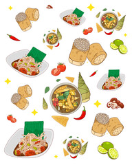 Thai food seamless pattern with traditional dishes and ingredients isolated on background