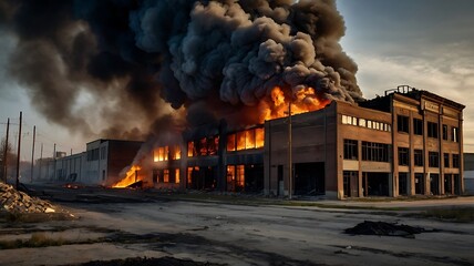 Industrial street devastated by fire and smoke after massive explosion, realistic war documentary style.
