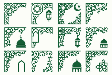 Islamic Corner Frame Icon Set – Flat Solid Color Decorative Vector Collection