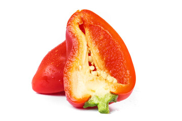 Fresh Red Bell Pepper Cut in Half on White Background