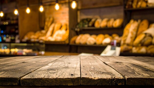 Rustic Wooden Table in Front of a Bakery Display with Fresh Bread.