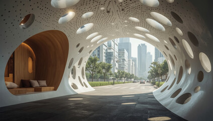 Modern Architectural Marvel: A groundbreaking perspective of a modern architectural design. The futuristic structure with a breathtaking cityscape peeking through the opening.