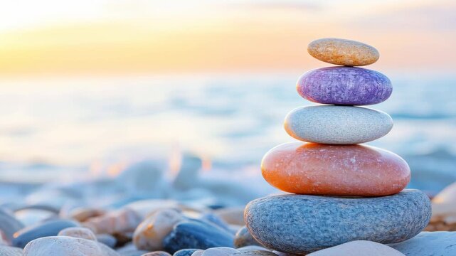 Smooth multicolored zen stones stacked in balance on beach pebbles with sunrise and sea in background, representing meditation and inner peace
