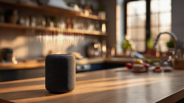 Smart speaker on kitchen counter with glowing voice waveform, sunlight streaming in, modern home, cozy atmosphere, technology concept