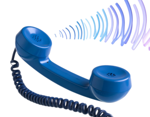 Angled 3D Blue Phone Handset with Floating Sound Signal, Isolated on Transparent Background