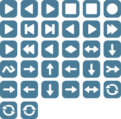 Collection of blue square icons with various navigation and playback symbols media