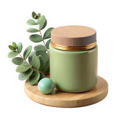 Minimalist flat lay with textured pale green jar and eucalyptus leaves on wooden stand