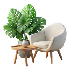 Modern minimalist living room corner with armchair and coffee table featuring lush green plant