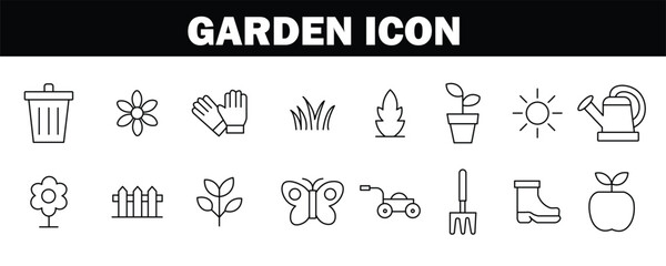garden line icon set vector on white background. nature, outdoor, plant, flower, equipment, tool, tools, farm, farming, spring, summer, growth, symbol.