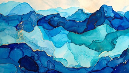 Gilded Blue Horizons: An Abstract Fluid Art Landscape of Serene, Layered Waves