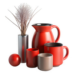 Minimalist still life red pitcher mugs and vase with dried grass on a dark surface