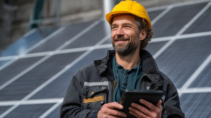 Fototapeta premium Man in yellow hard hat holding tablet in front of solar panels looking to the side