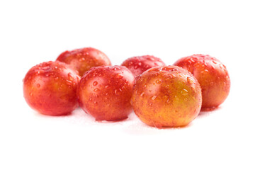 Fresh Red Plums with Water Droplets on White Background - Healthy Fruit Concept