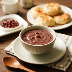 Red Bean Paste Dessert in Ceramic Bowl – Traditional Asian Sweet Food Photography