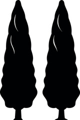 A simple black graphic silhouette of two tall Italian cypress trees isolated on a white background. Vector icon for nature and landscaping design
