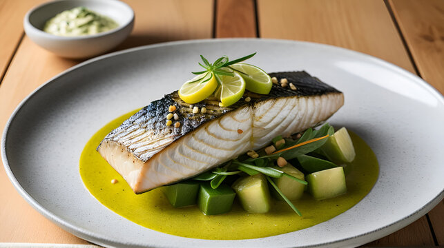 Charred kingfish fillet with desert lime dressing, modern bush cuisine, Kingfish fillet, concept native Australian seafood