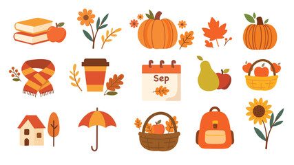 Autumn element set with pumpkins leaves scarf books calendar