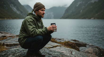Bearded man in olive jacket and brown beanie holding thermal mug by mountain lake during cloudy weather, outdoor adventure lifestyle concept horizontal