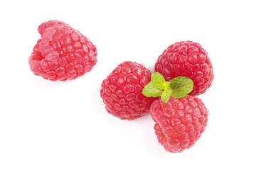 Fresh Red Raspberries with Mint Leaf on White Background
