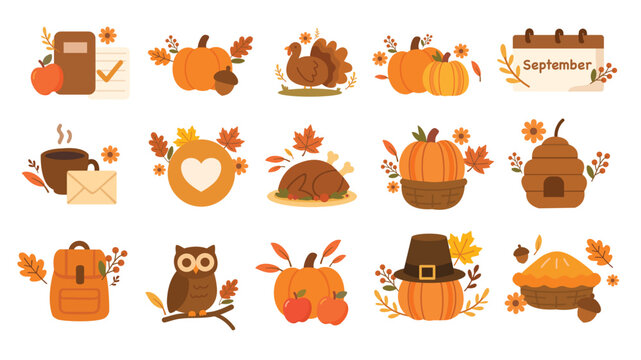 Thanksgiving harvest set with turkey pie owl apples basket