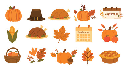 Thanksgiving pumpkin collection with turkey pie corn pilgrim hat