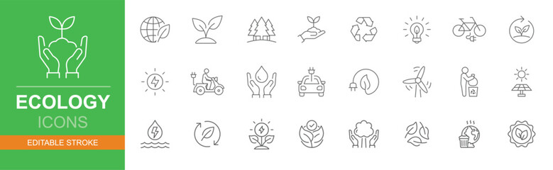Ecology icon set. Simple outline style. Environment, sustainability, nature, recycle, renewable energy, electric bike, eco friendly, forest, wind power, green concept. Line symbol. Editable stroke