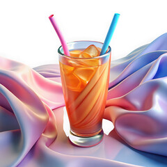Refreshing tall glass of iced tea with straws on silky fabric