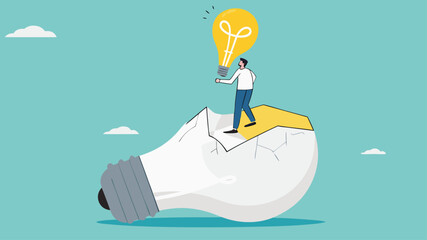 changing business strategies or ideas, move on to new business opportunities for career success, businessman flying leaving broken light bulb using new light bulb idea concept vector illustration
