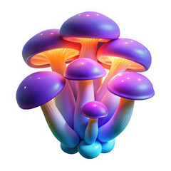Vibrant bioluminescent mushroom cluster glowing with magical purple and yellow light
