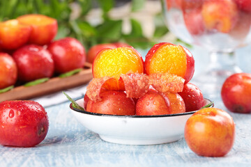Fresh Red Plums with Golden Flesh in Bowl - Guangdong Organic Fruit Display
