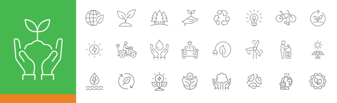 Ecology icon set. Simple outline style. Environment, sustainability, nature, recycle, renewable energy, electric bike, eco friendly, forest, wind power, green concept. Line symbol. Editable stroke.